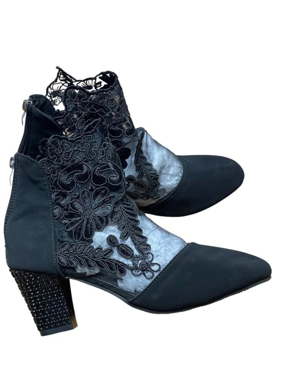 Black Lace Floral Mesh Heeled Ankle Boots Rhinestone Block Heel Sz EU 40-US 9